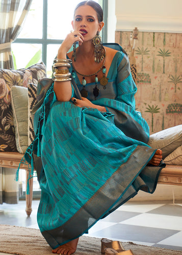 Cerulean Blue Two Tone Handloom Weaving Organza Silk Saree : Top Pick Clothsvilla