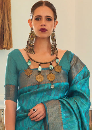 Cerulean Blue Two Tone Handloom Weaving Organza Silk Saree : Top Pick Clothsvilla