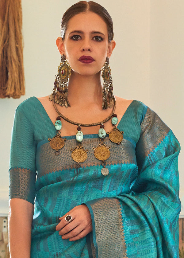 Cerulean Blue Two Tone Handloom Weaving Organza Silk Saree : Top Pick Clothsvilla