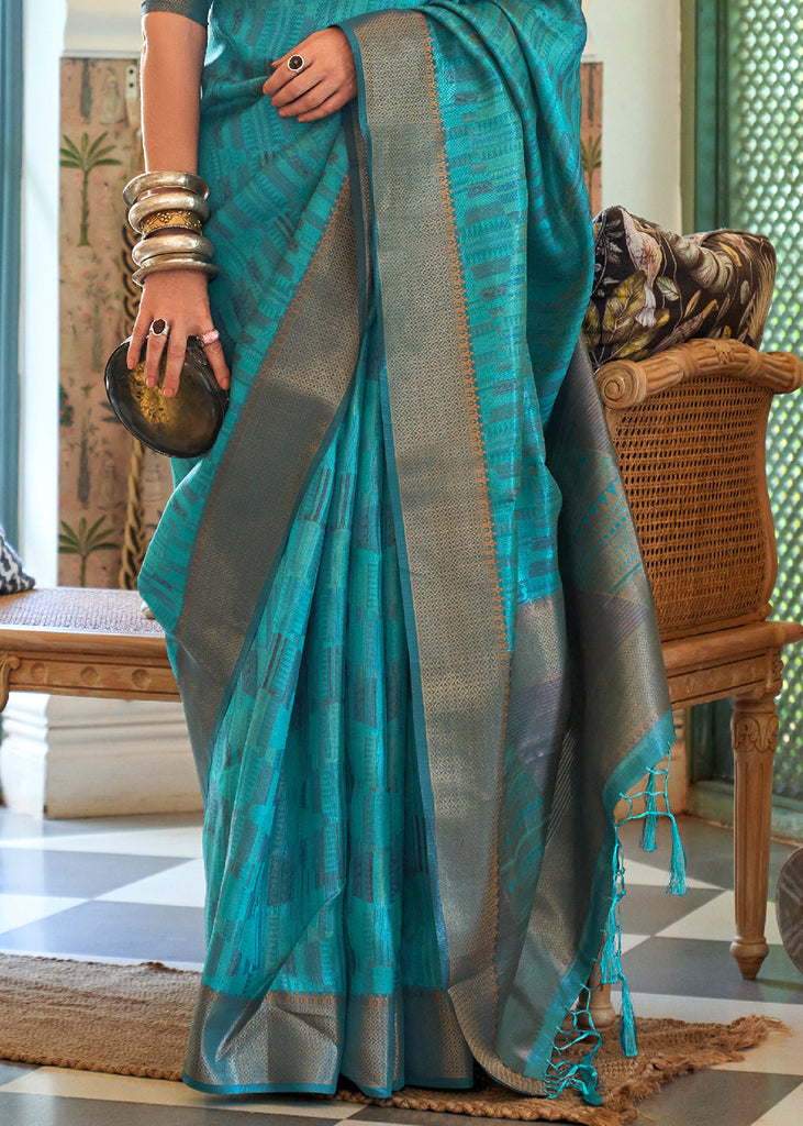 Cerulean Blue Two Tone Handloom Weaving Organza Silk Saree : Top Pick Clothsvilla