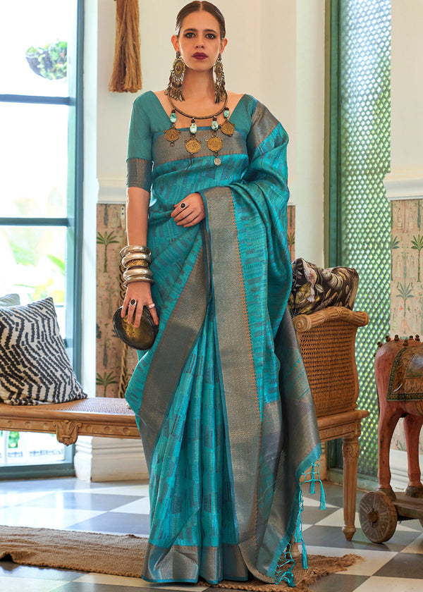 Cerulean Blue Two Tone Handloom Weaving Organza Silk Saree : Top Pick Clothsvilla