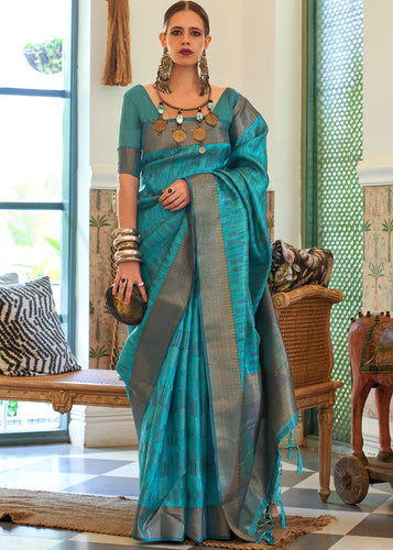 Cerulean Blue Two Tone Handloom Weaving Organza Silk Saree : Top Pick Clothsvilla