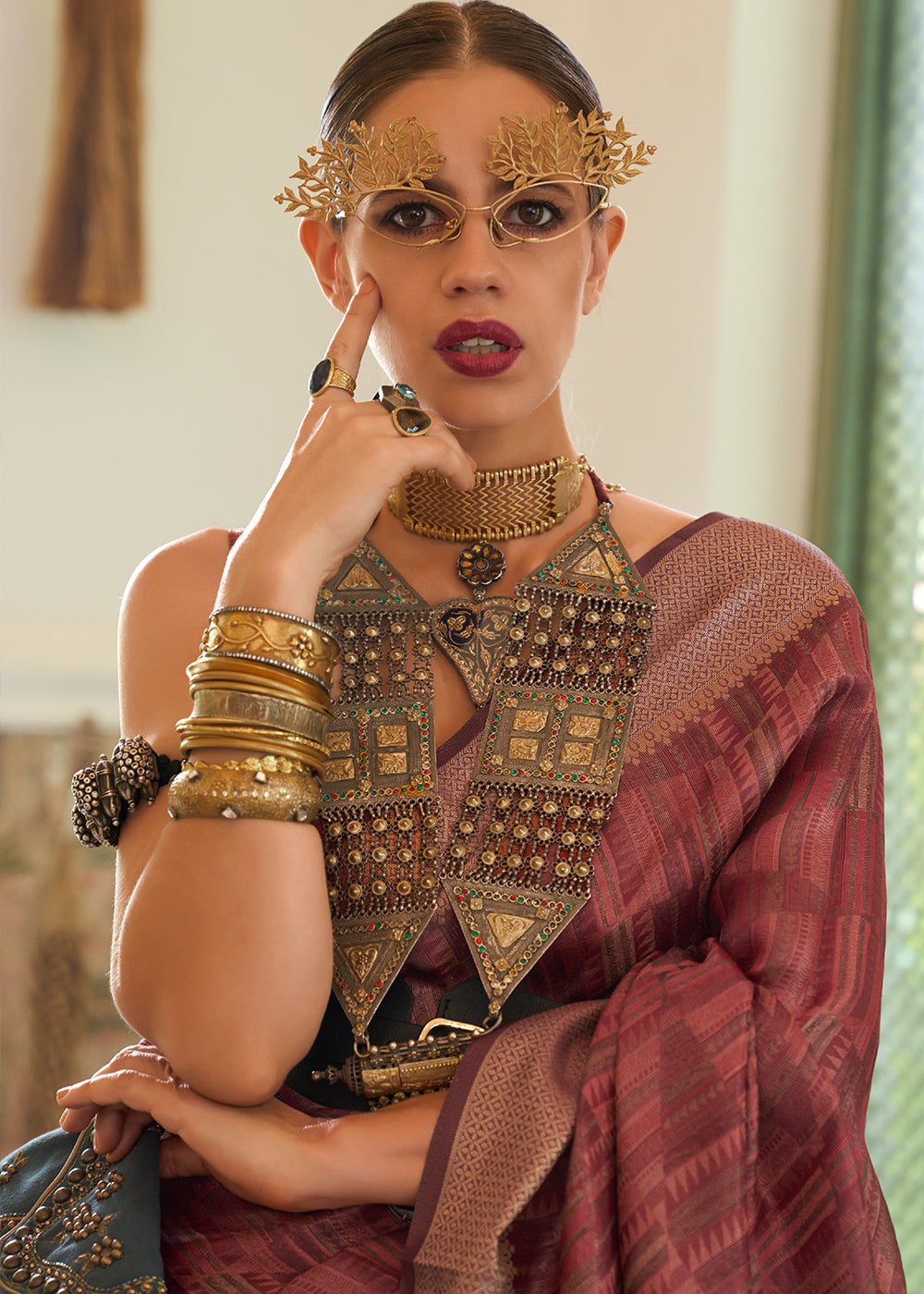 Chestnut Brown Two Tone Handloom Weaving Organza Silk Saree : Top Pick Clothsvilla