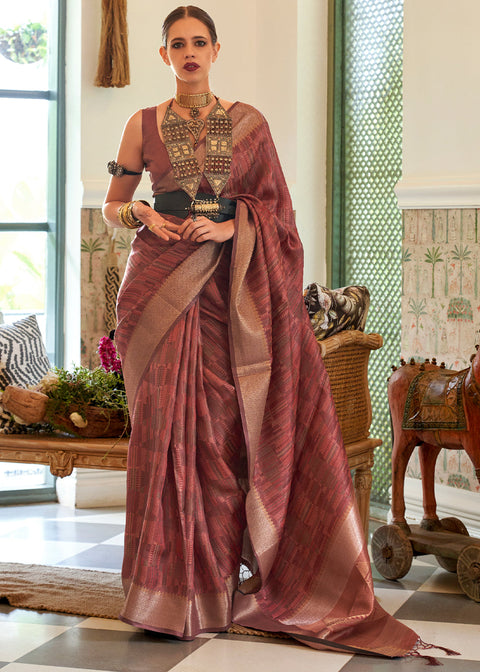 Chestnut Brown Two Tone Handloom Weaving Organza Silk Saree : Top Pick Clothsvilla Main image