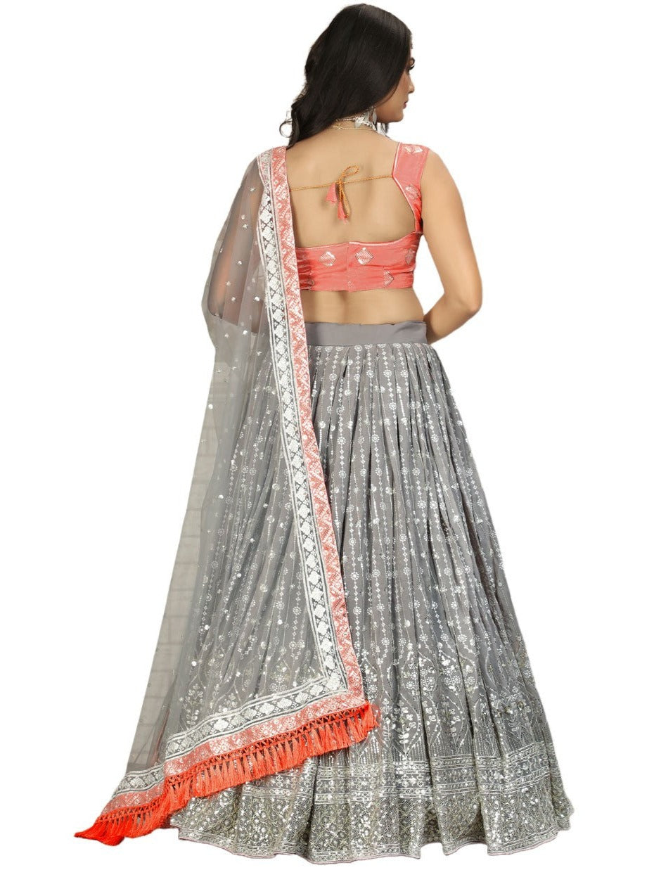 Grey color Lehenga choli with Peach Blouse and Net Dupatta ClothsVilla