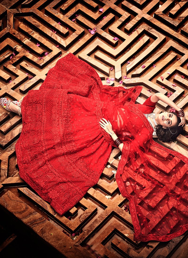 Designer Red Soft Net Base A-Line Lehenga Choli Clothsvilla