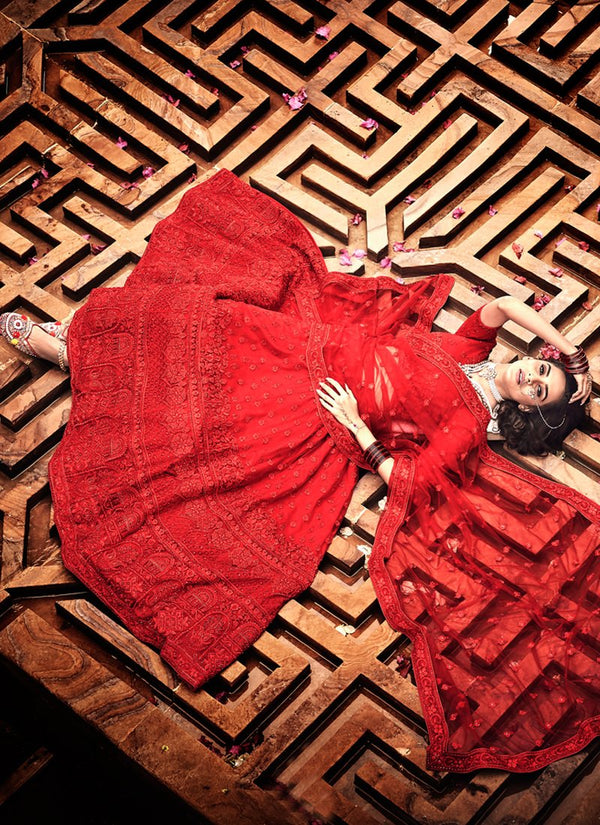 Designer Red Soft Net Base A-Line Lehenga Choli Clothsvilla