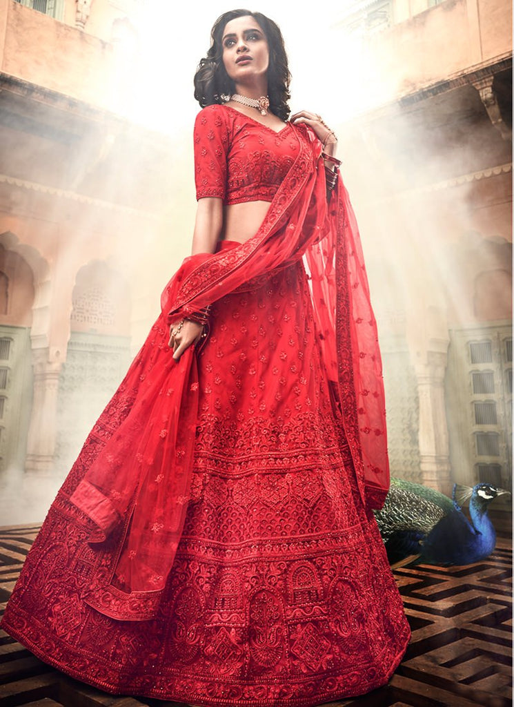 Designer Red Soft Net Base A-Line Lehenga Choli Clothsvilla