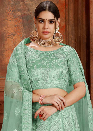 Pista Green Soft Net Lehenga Choli with Thread, Zarkan & Pearl work Clothsvilla