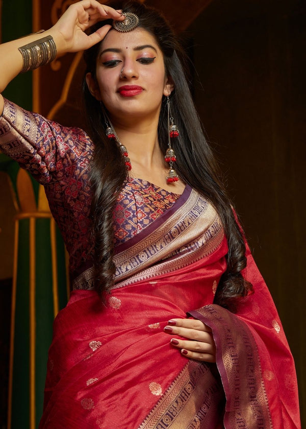 Cherry Red Woven Banarasi Silk Saree with Patola Pallu and Blouse Clothsvilla