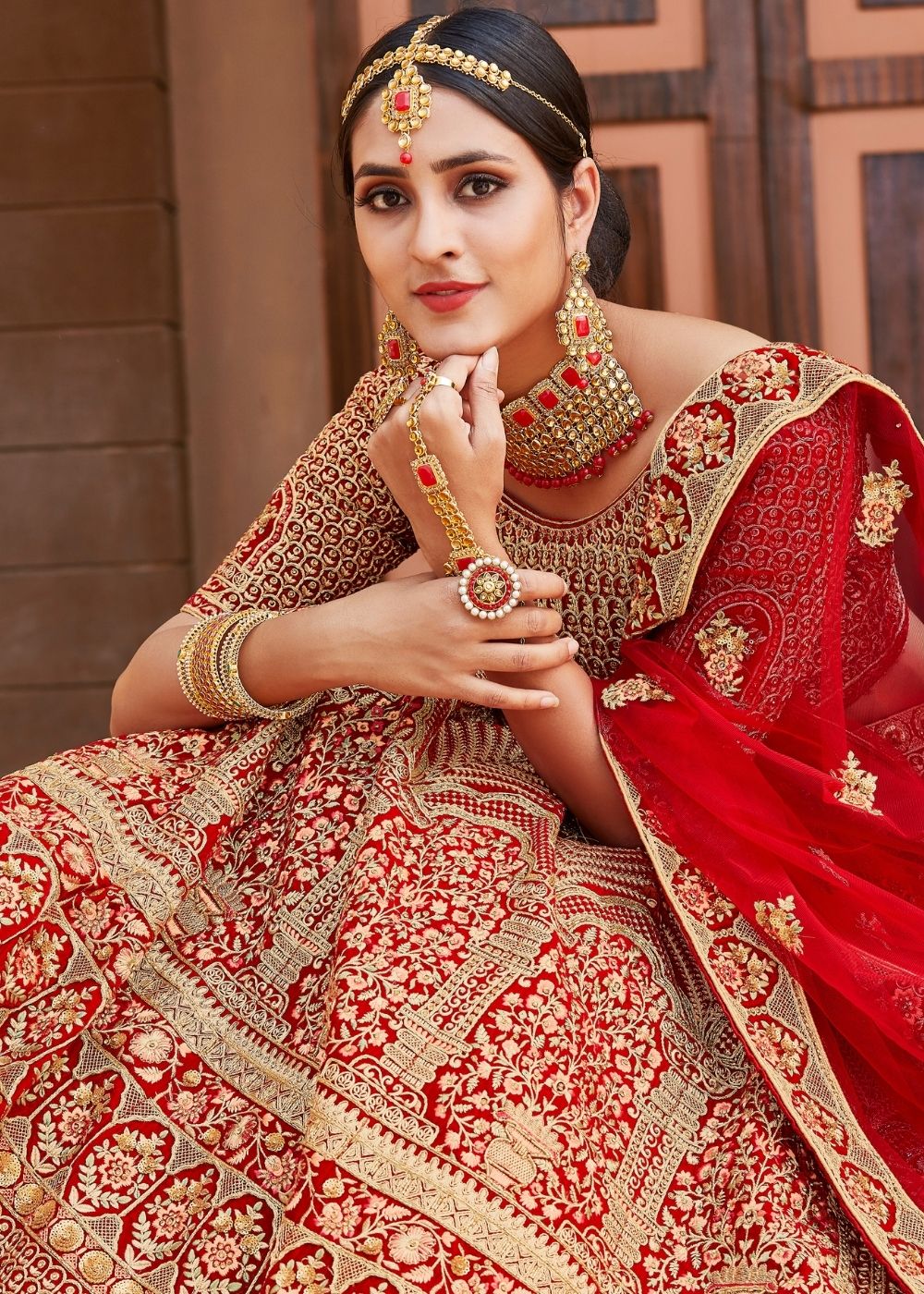 Crimson Red Velvet  Bridal Lehenga Choli with Embroidery & Hand work Clothsvilla