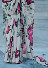 Load image into Gallery viewer, Daisy White Digital Printed Crepe Silk Saree : Top Pick Clothsvilla