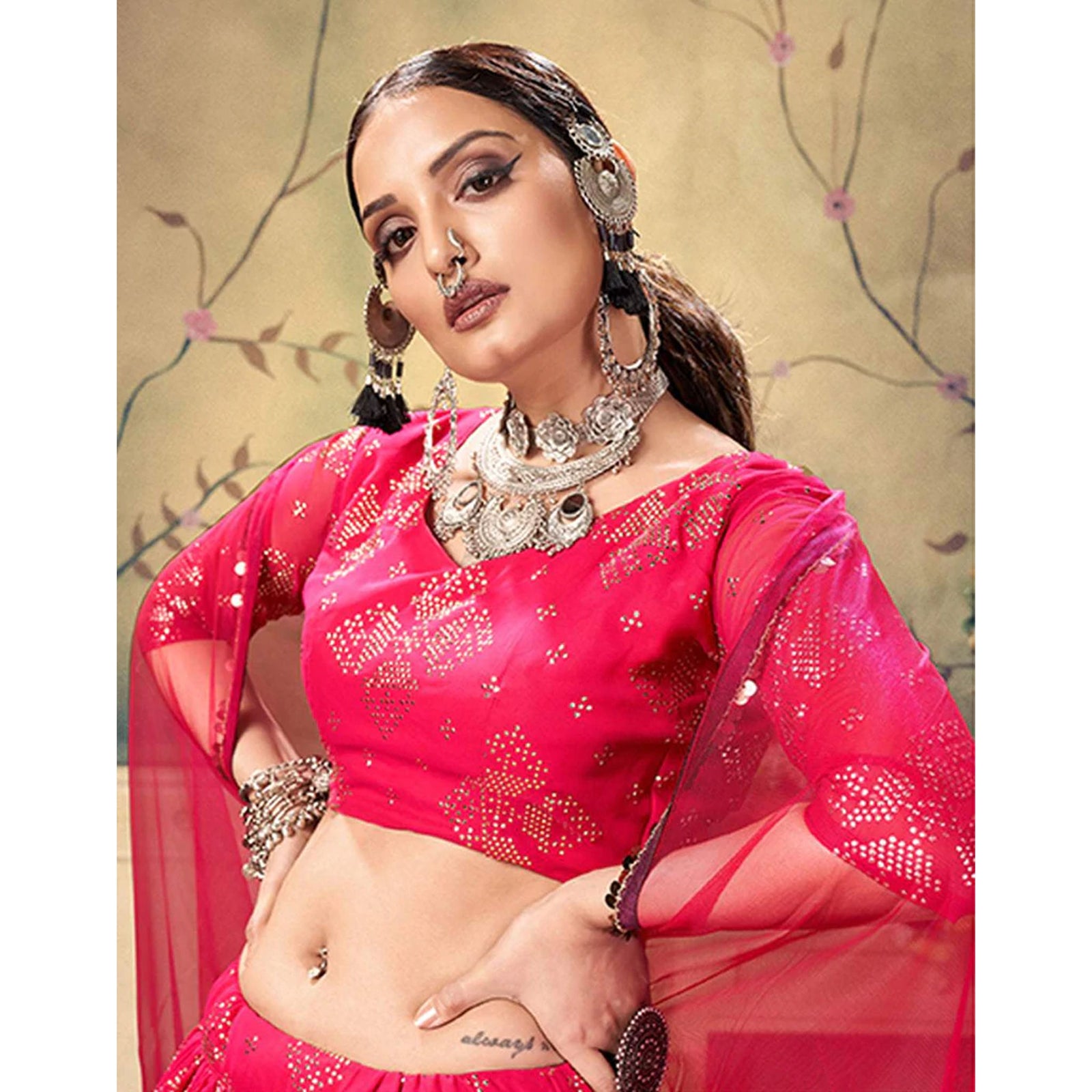 Red Ribbon Georgette Fabrics Lehenga choli ClothsVilla