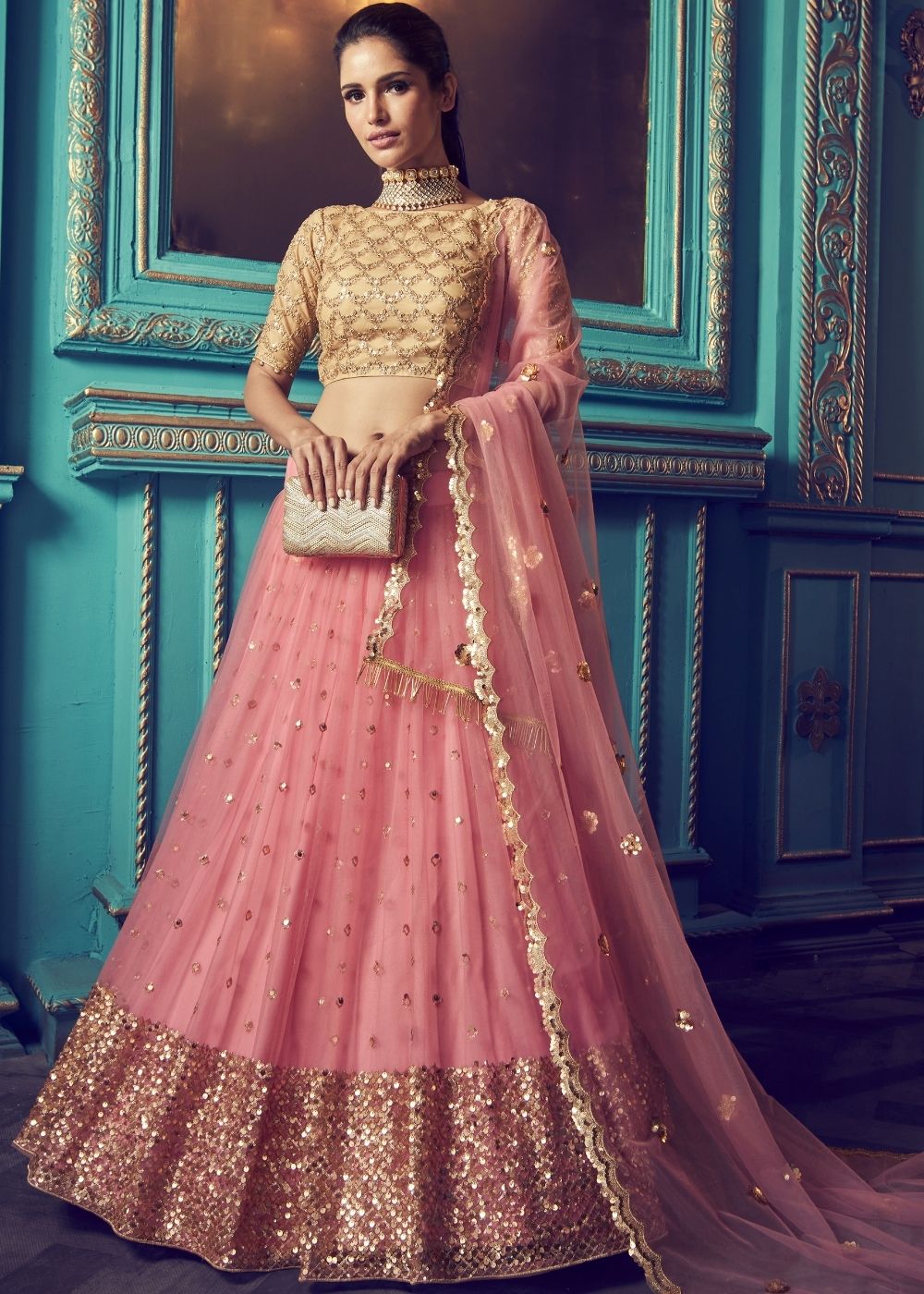 Rouge Pink Designer Soft Net Lehenga Choli with Sequin and Dori work Clothsvilla