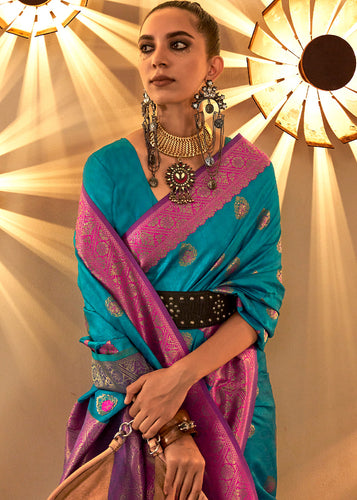 French Blue Handloom Woven Banarasi Silk Saree Clothsvilla