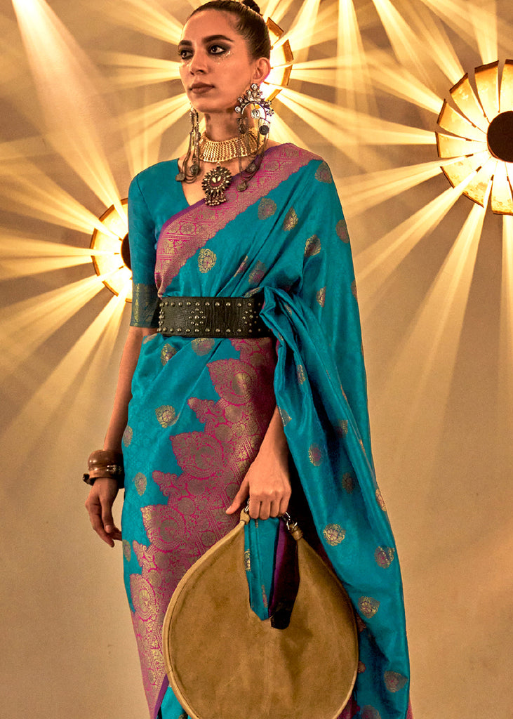 French Blue Handloom Woven Banarasi Silk Saree Clothsvilla