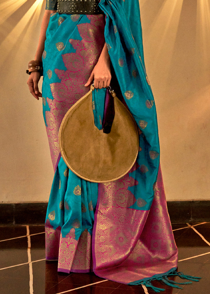 French Blue Handloom Woven Banarasi Silk Saree Clothsvilla