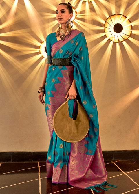 French Blue Handloom Woven Banarasi Silk Saree Clothsvilla Main image