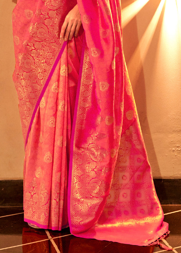 Fiery Rose Pink Handloom Woven Banarasi Silk Saree Clothsvilla