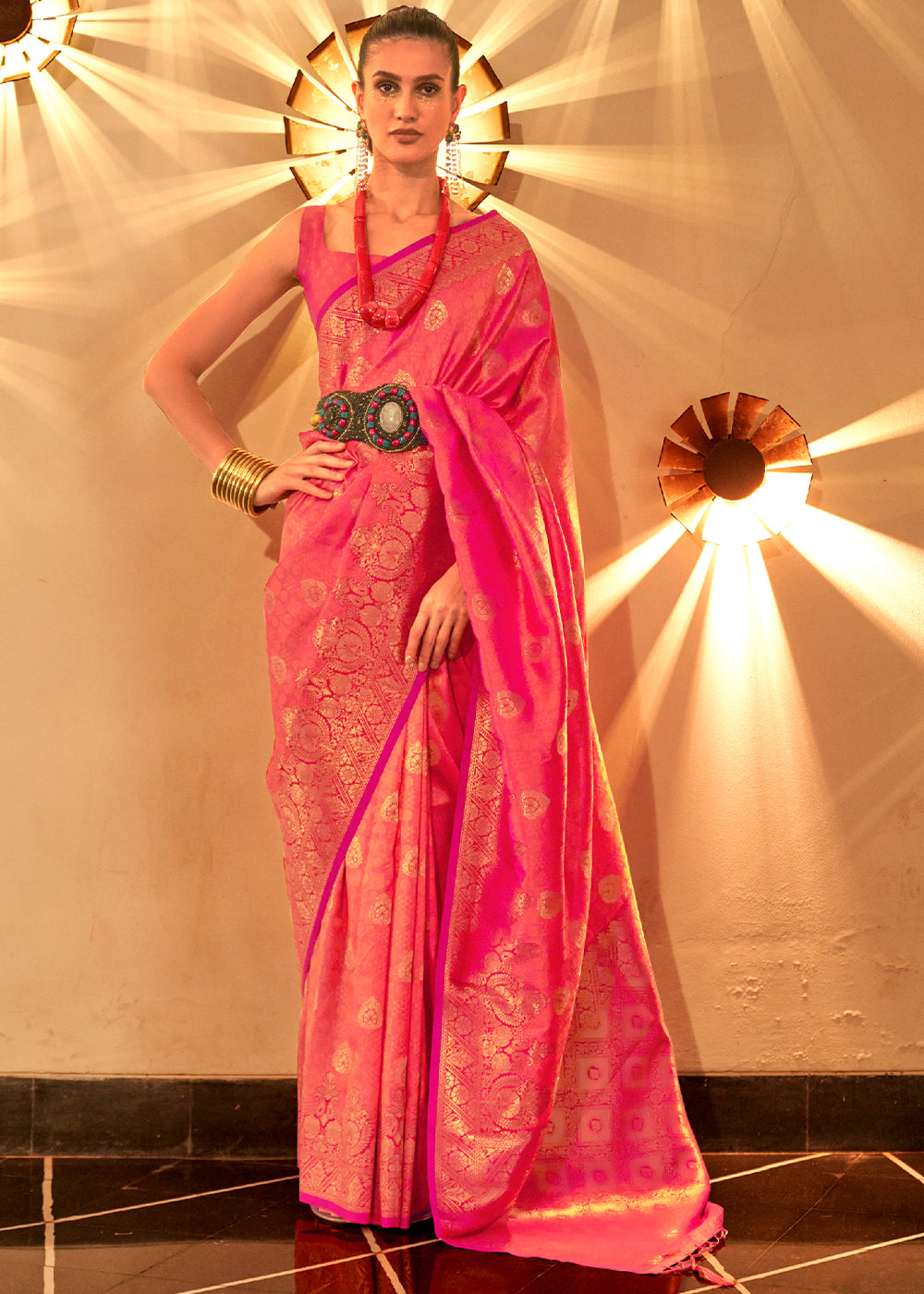Fiery Rose Pink Handloom Woven Banarasi Silk Saree Clothsvilla Main image