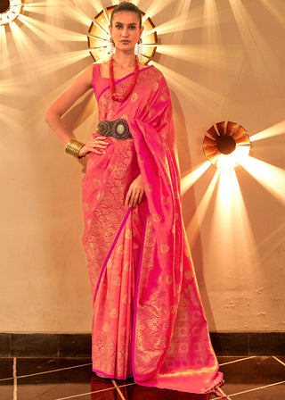 Fiery Rose Pink Handloom Woven Banarasi Silk Saree Clothsvilla