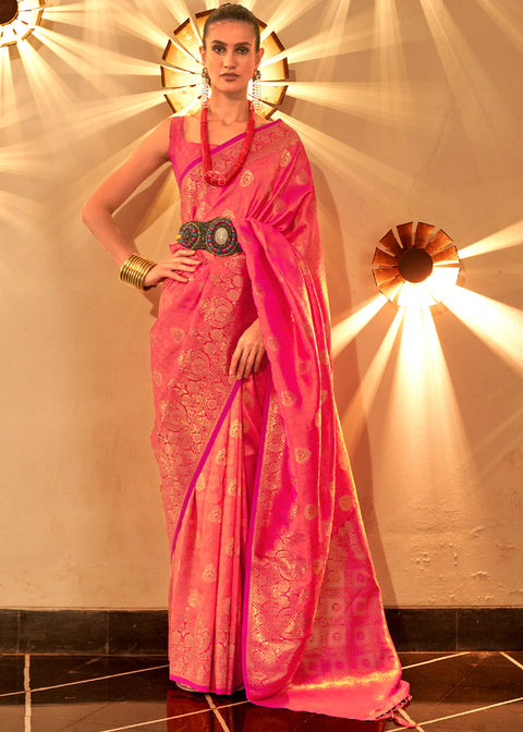 Fiery Rose Pink Handloom Woven Banarasi Silk Saree Clothsvilla Main image