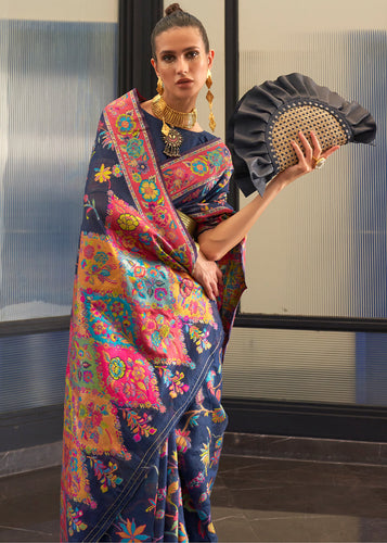 Indigo Blue Jamawar Woven Cotton Silk Saree Clothsvilla