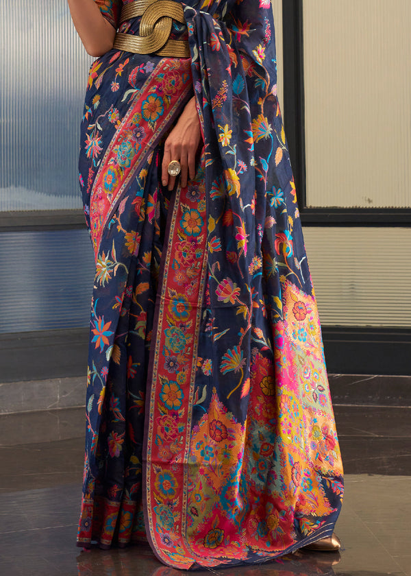 Indigo Blue Jamawar Woven Cotton Silk Saree Clothsvilla