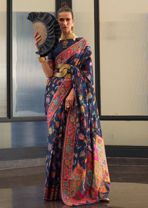 Indigo Blue Jamawar Woven Cotton Silk Saree Clothsvilla Main image