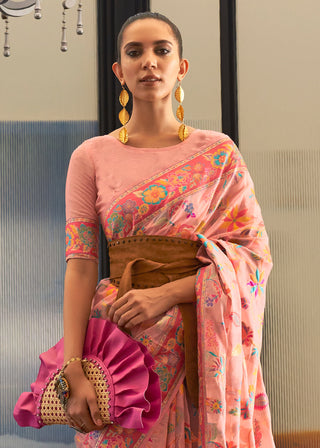 Light Peach Pink Jamawar Woven Cotton Silk Saree Clothsvilla