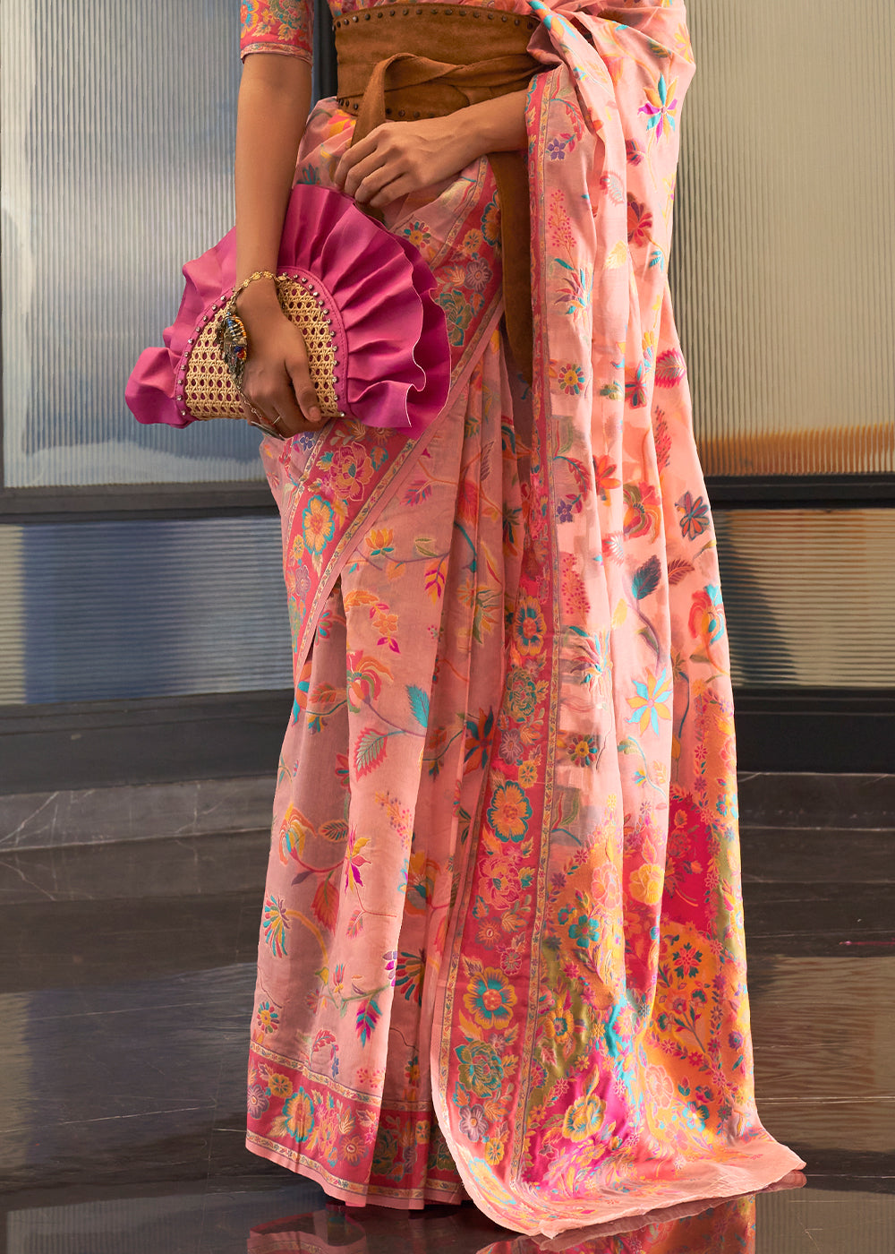 Light Peach Pink Jamawar Woven Cotton Silk Saree Clothsvilla