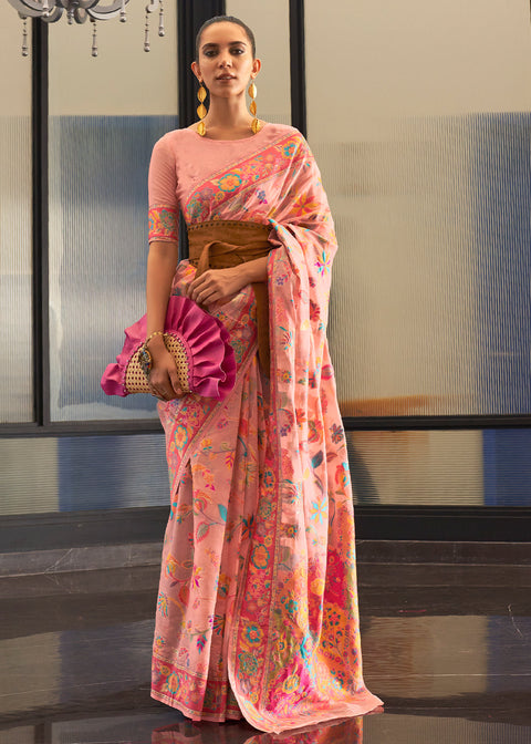 Light Peach Pink Jamawar Woven Cotton Silk Saree Clothsvilla Main image
