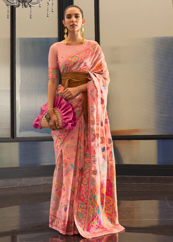 Light Peach Pink Jamawar Woven Cotton Silk Saree Clothsvilla