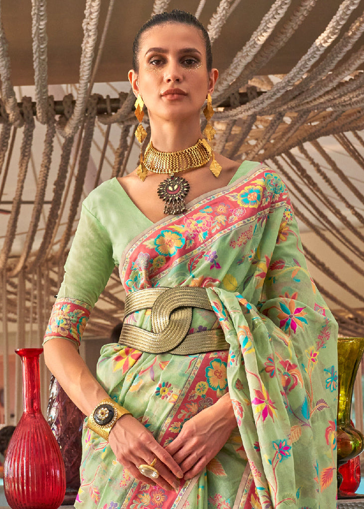 Pastel Green Jamawar Woven Cotton Silk Saree Clothsvilla