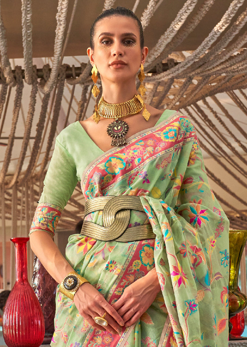 Pastel Green Jamawar Woven Cotton Silk Saree - Clothsvilla