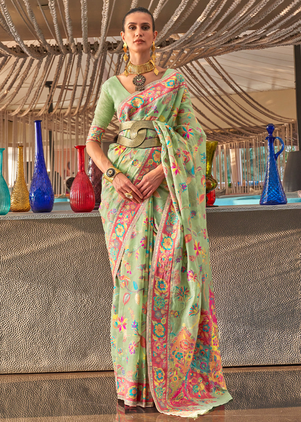 Pastel Green Jamawar Woven Cotton Silk Saree Clothsvilla