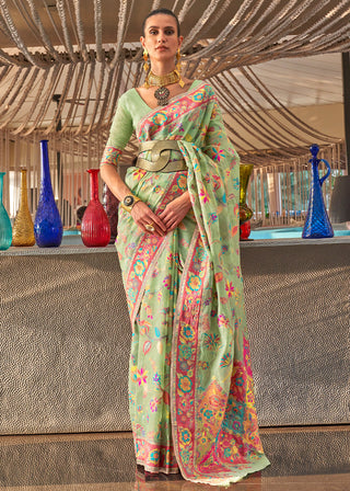 Pastel Green Jamawar Woven Cotton Silk Saree Clothsvilla