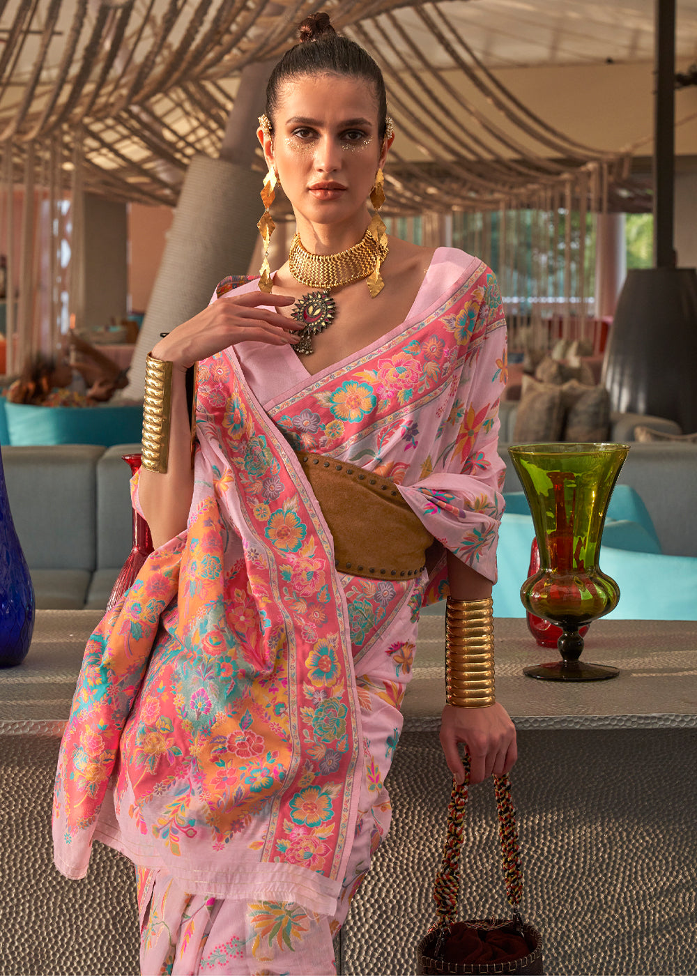 Flamingo Pink Jamawar Woven Cotton Silk Saree Clothsvilla