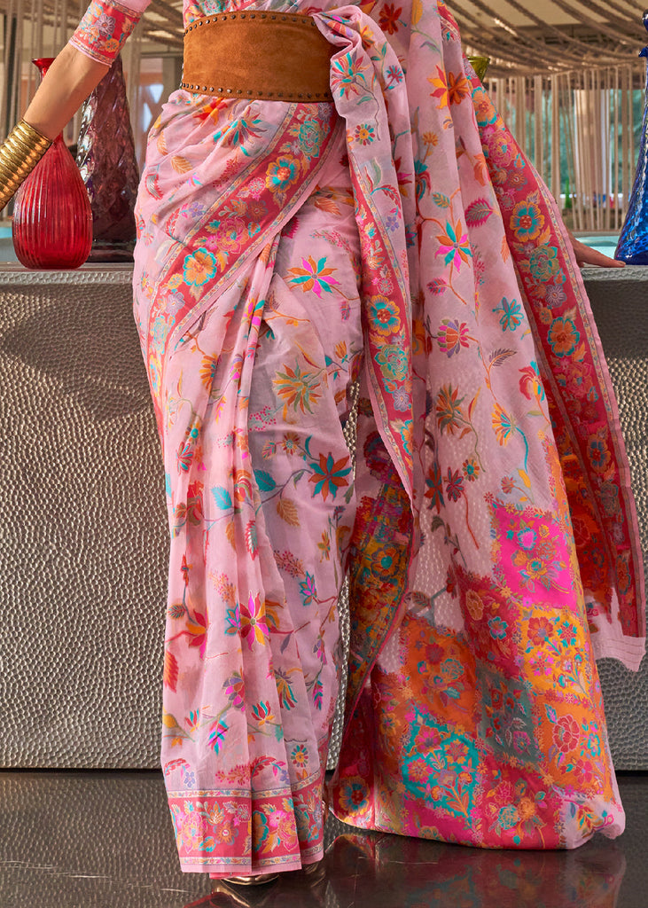 Flamingo Pink Jamawar Woven Cotton Silk Saree Clothsvilla