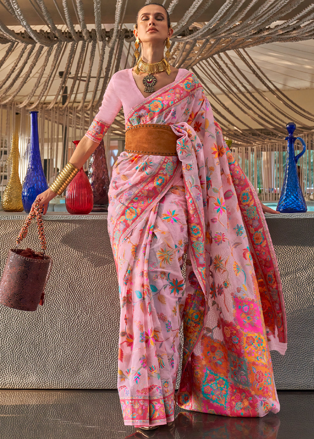 Flamingo Pink Jamawar Woven Cotton Silk Saree Clothsvilla Main image