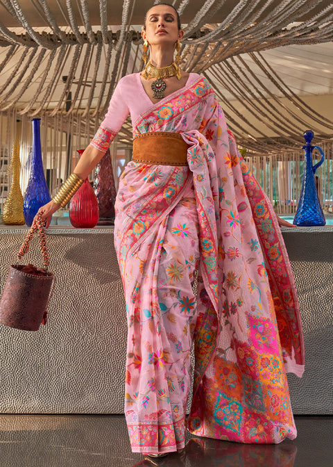 Flamingo Pink Jamawar Woven Cotton Silk Saree Clothsvilla Main image