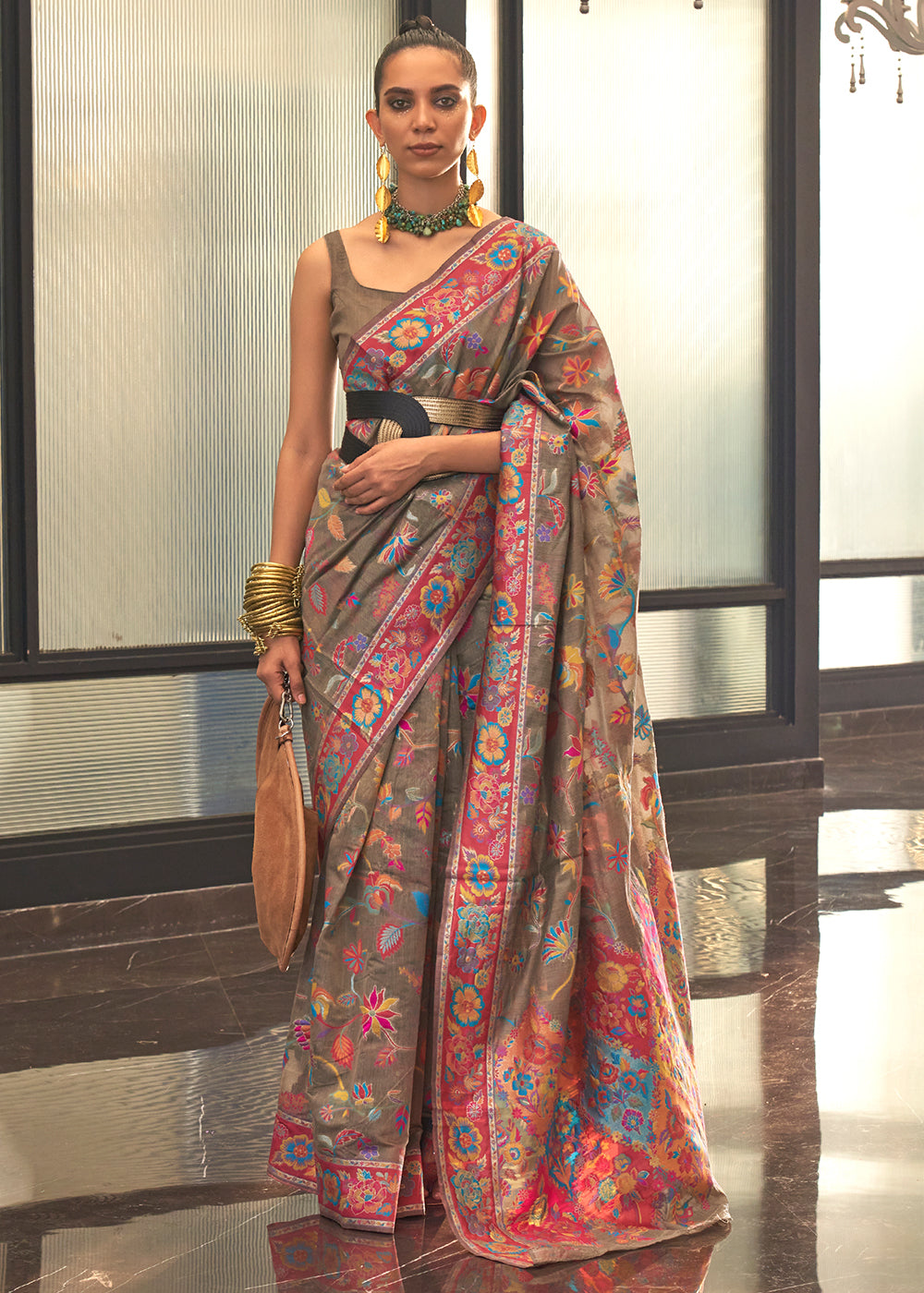 Umber Brown Jamawar Woven Cotton Silk Saree Clothsvilla Main image