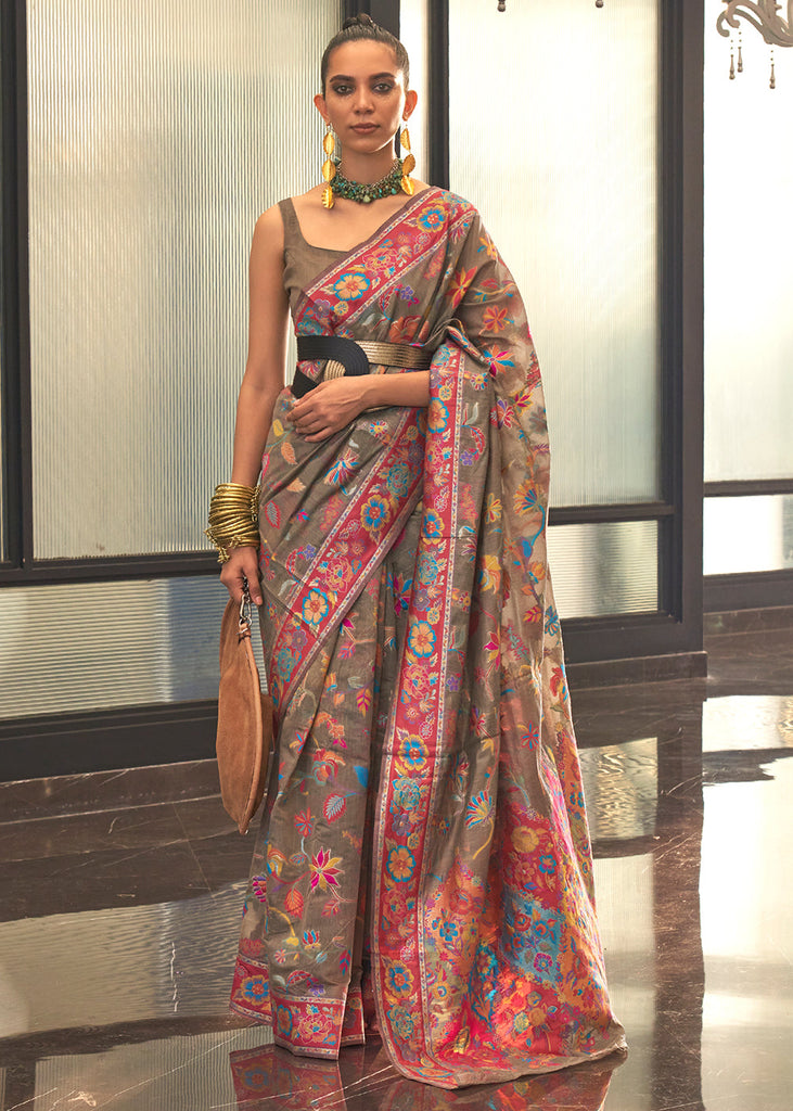 Umber Brown Jamawar Woven Cotton Silk Saree Clothsvilla