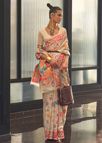 Parchment White Jamawar Woven Cotton Silk Saree Clothsvilla