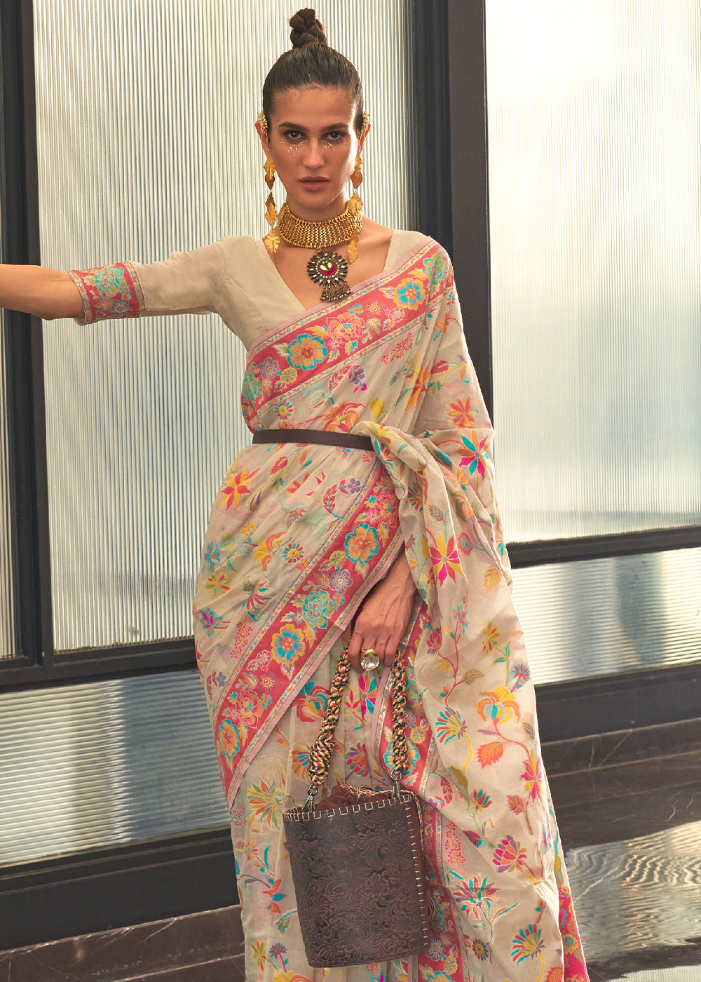 Parchment White Jamawar Woven Cotton Silk Saree Clothsvilla