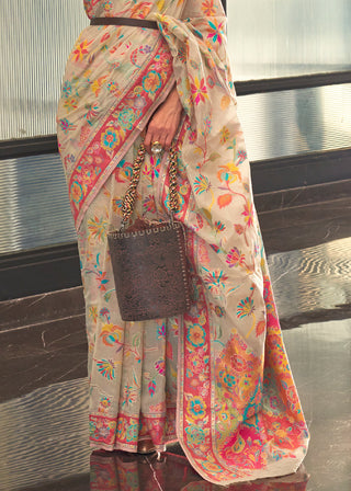 Parchment White Jamawar Woven Cotton Silk Saree Clothsvilla