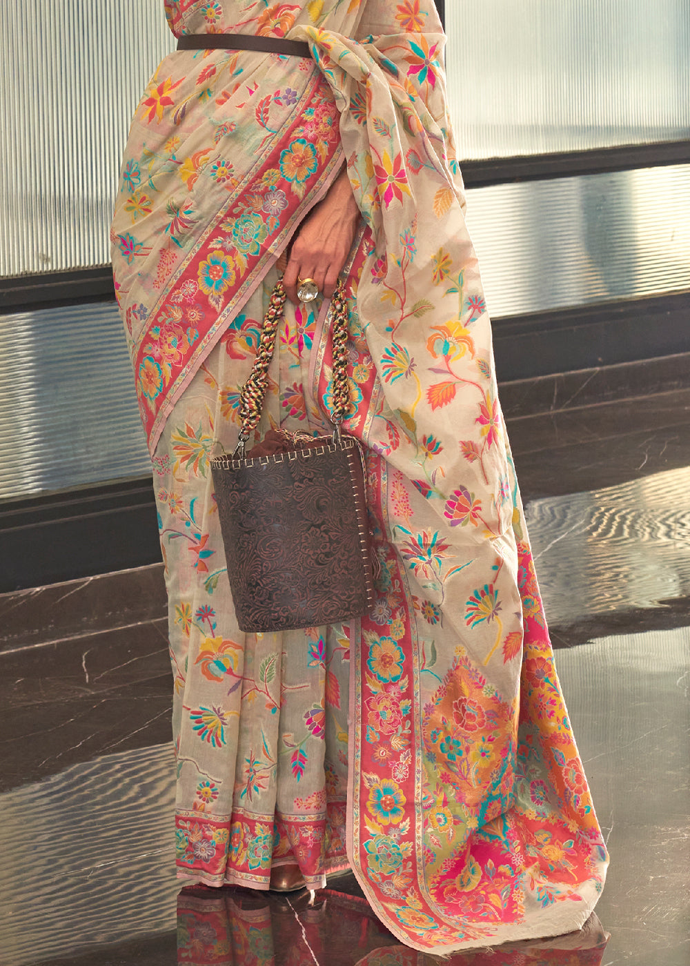 Parchment White Jamawar Woven Cotton Silk Saree Clothsvilla
