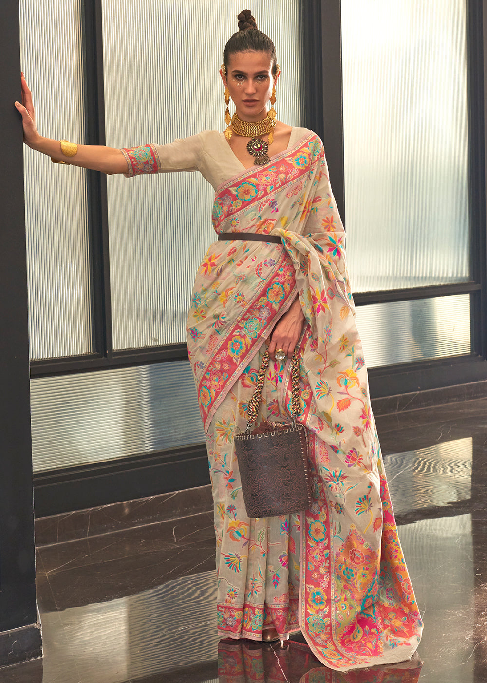 Parchment White Jamawar Woven Cotton Silk Saree Clothsvilla Main image