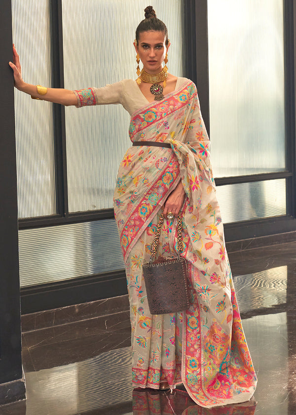 Parchment White Jamawar Woven Cotton Silk Saree Clothsvilla