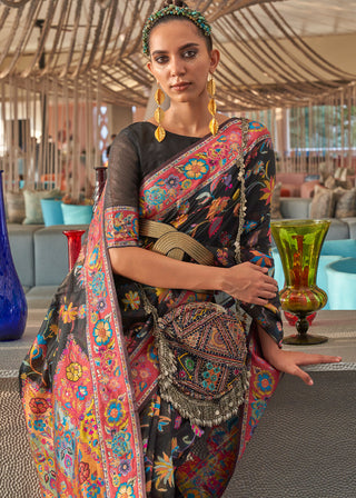Pebble Black Jamawar Woven Cotton Silk Saree Clothsvilla